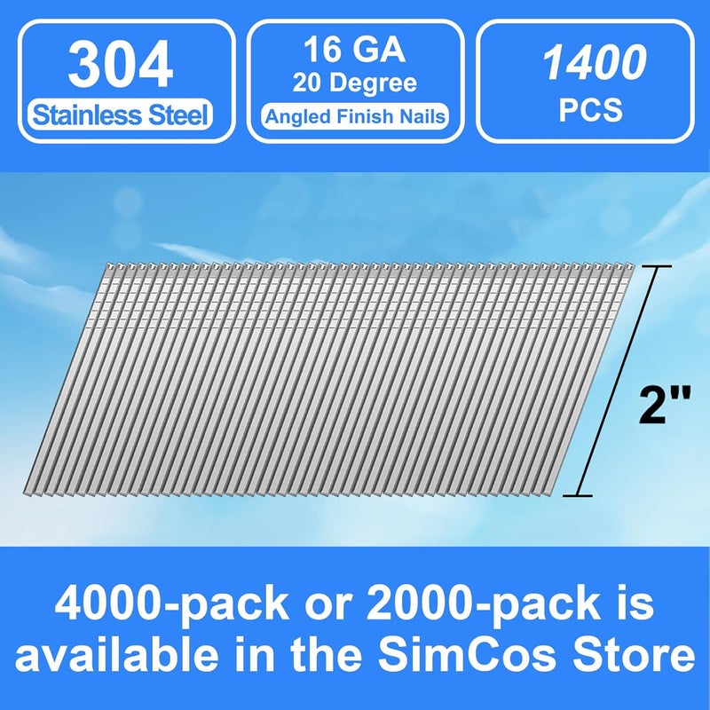SimCos 16 Gauge 304 Stainless Steel Angled Finish Nails – 1-1/4” to 2-1/2 Inch, 20-Degree | Compatible with Pneumatic/Electric Angled Finish Nailers & Nail Guns (2"-1400 pcs) - Image 3